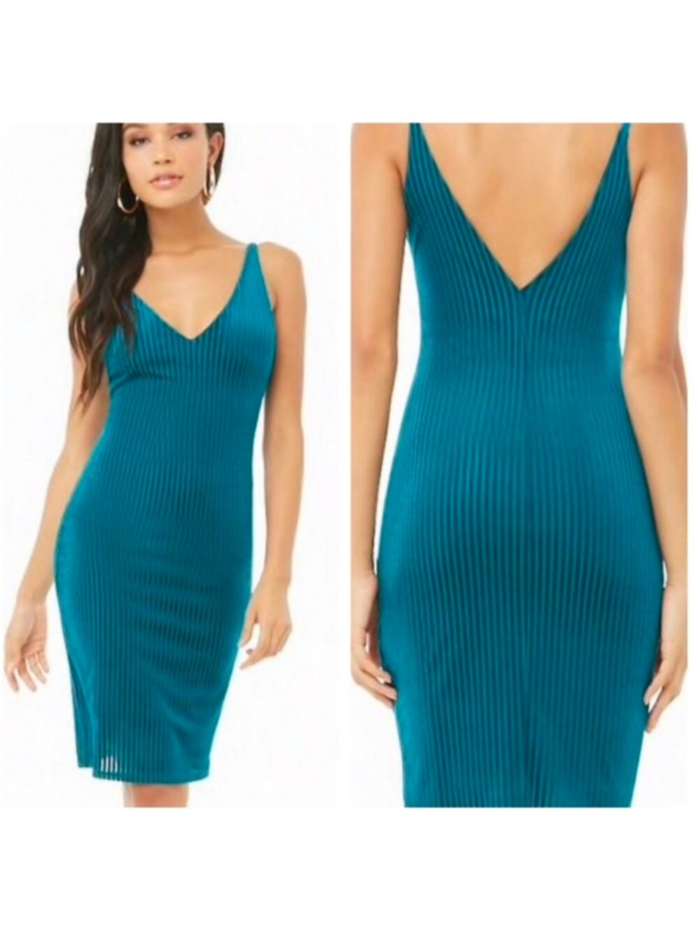 Teal Ribbed Romantic Velvet Bodycon Mini Dress V‑Neck Sleek Whimsicore Sexy M